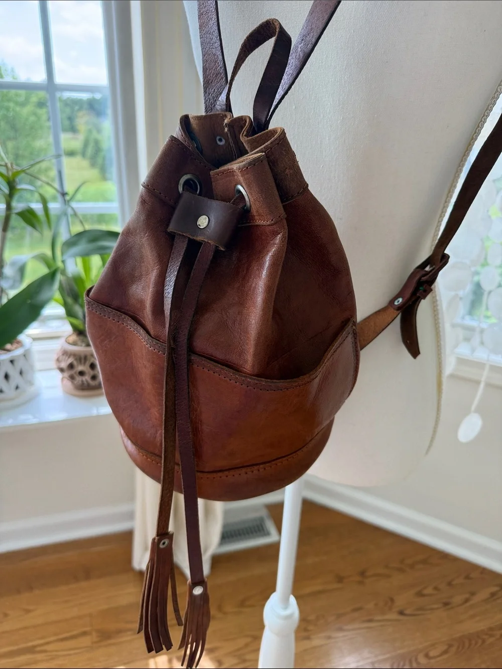 Vintage Brown Leather Drawstring Backpack - Picture 1 of 16